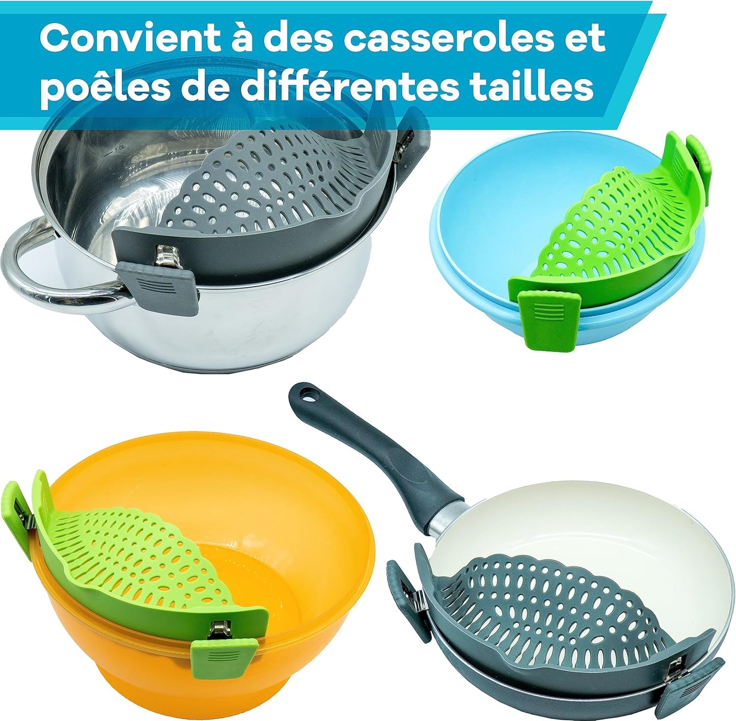 Filtre en silicone pour cuisine - Passoire clip-on pour casseroles et poêles, égouttoir à pâtes, légumes et fruits, gadgets de cuisine