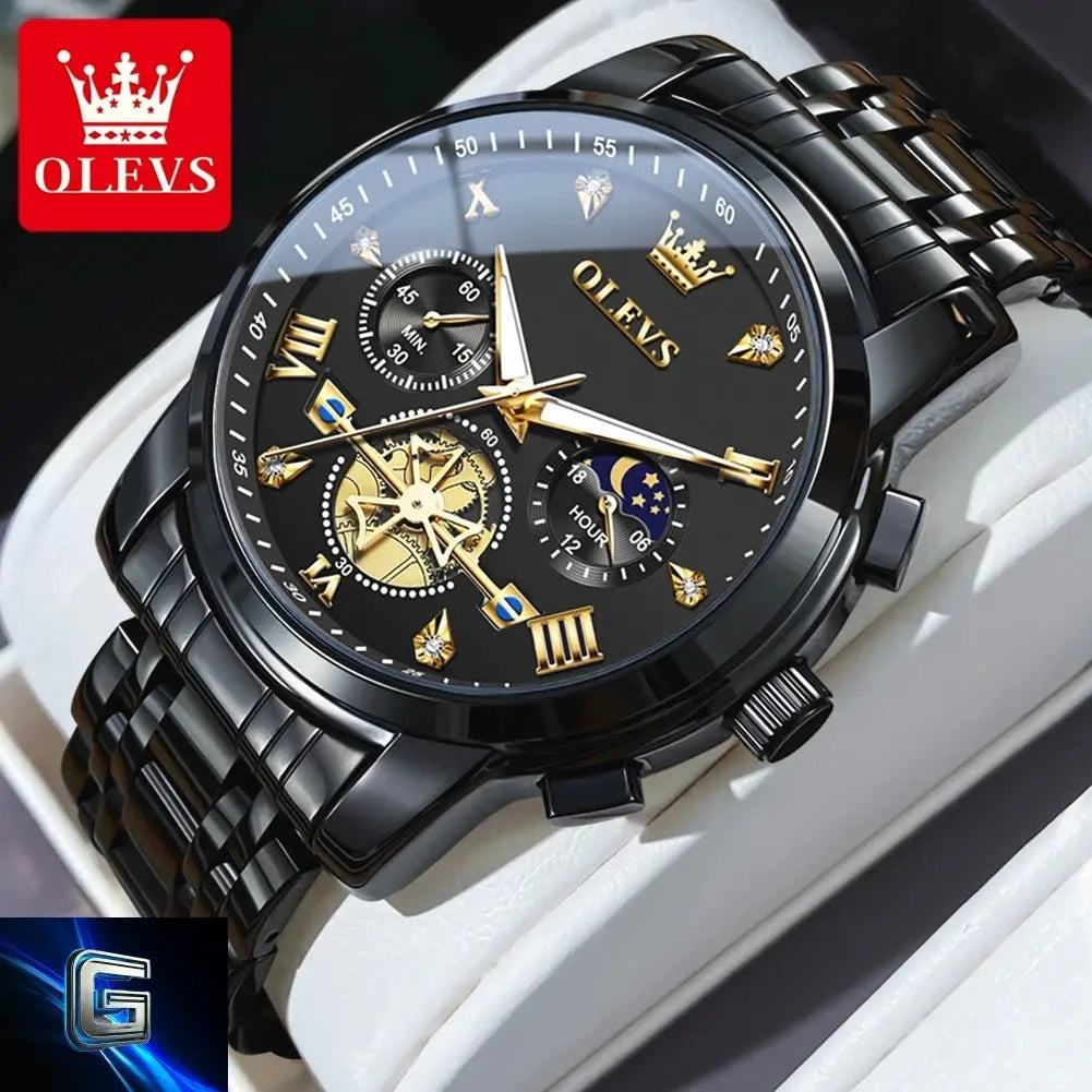 OLEVS Men's Watches Classic Multifunctional Fltwheel Chronograph Original Quartz Wristwatch Moon Phase 24 Hour Waterproof reloj gadjeteck