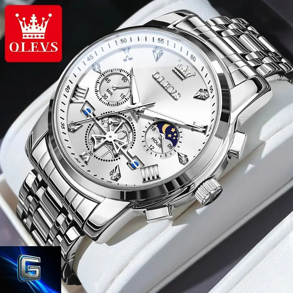 OLEVS Men's Watches Classic Multifunctional Fltwheel Chronograph Original Quartz Wristwatch Moon Phase 24 Hour Waterproof reloj gadjeteck