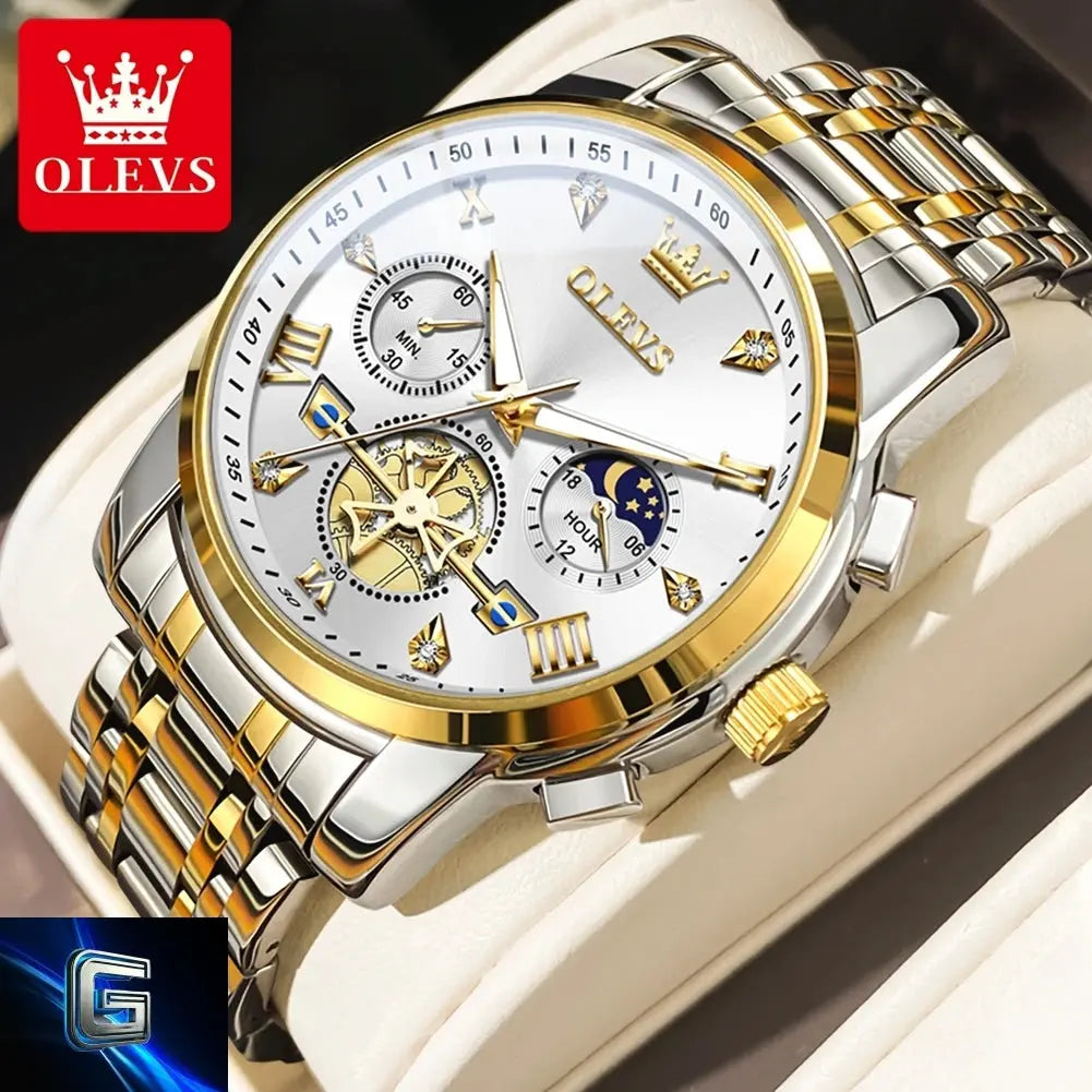 OLEVS Men's Watches Classic Multifunctional Fltwheel Chronograph Original Quartz Wristwatch Moon Phase 24 Hour Waterproof reloj gadjeteck