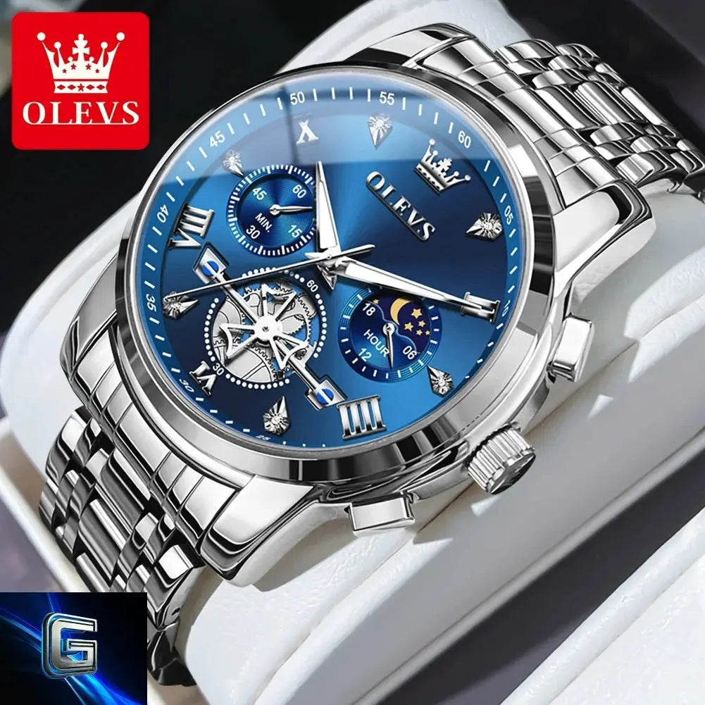 OLEVS Men's Watches Classic Multifunctional Fltwheel Chronograph Original Quartz Wristwatch Moon Phase 24 Hour Waterproof reloj gadjeteck