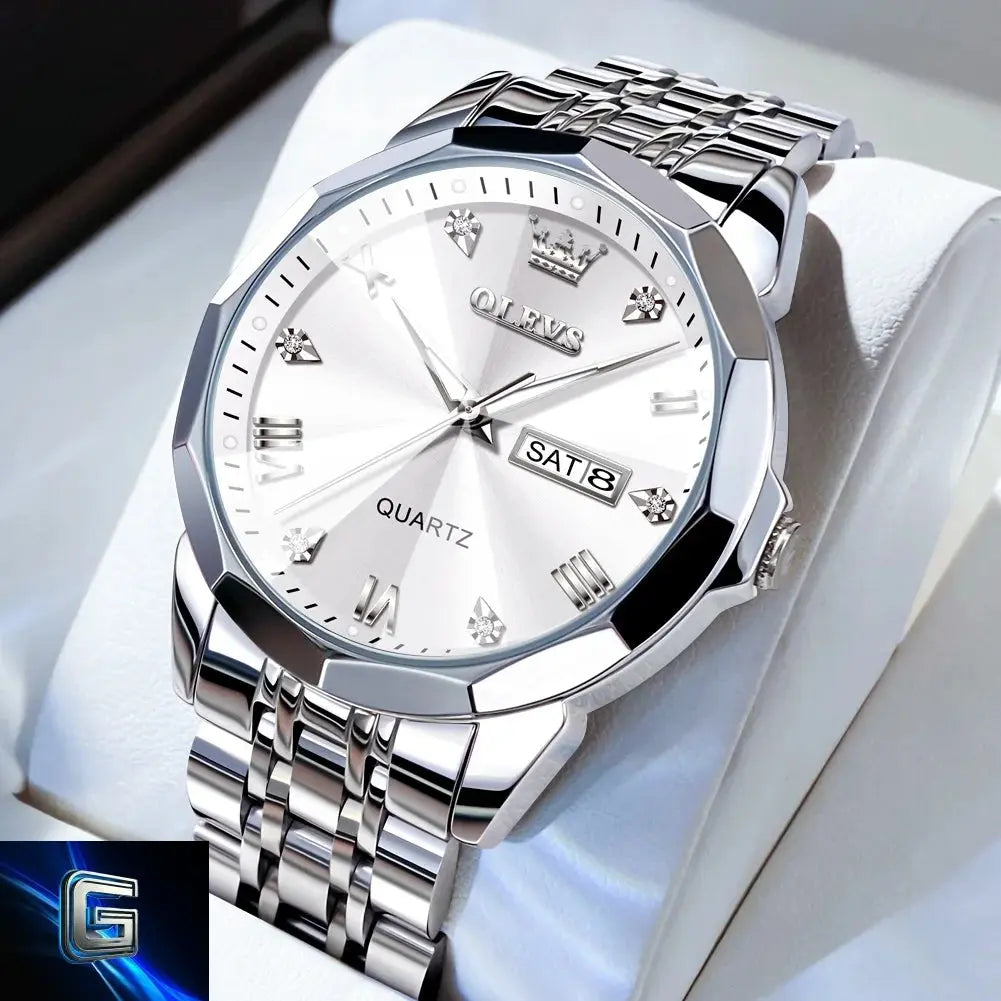 OLEVS Men's Watches Rhombus Mirror Original Quartz Watch for Man Waterproof Luminous Stainless Steel Wristwatch Male Date Week gadjeteck