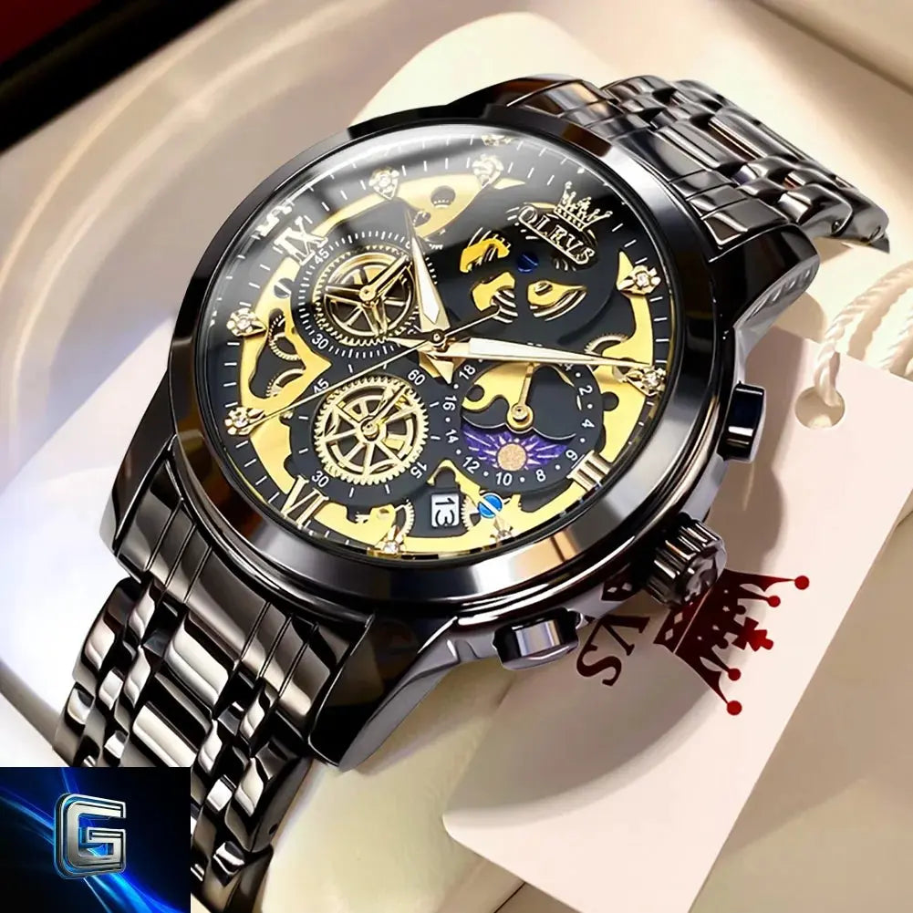 OLEVS Men's Watches Top Brand Luxury Original Waterproof Quartz Watch for Man Gold Skeleton Style 24 Hour Day Night New gadjeteck