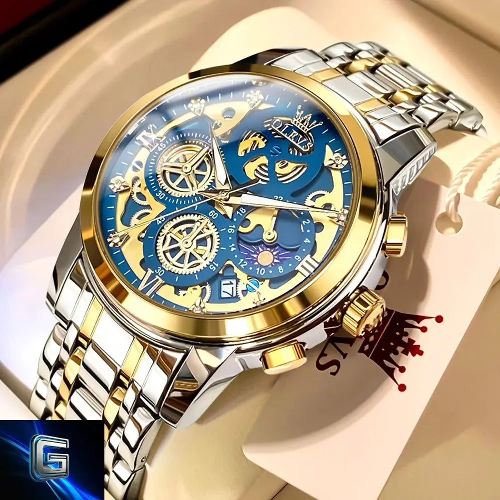 OLEVS Men's Watches Top Brand Luxury Original Waterproof Quartz Watch for Man Gold Skeleton Style 24 Hour Day Night New gadjeteck