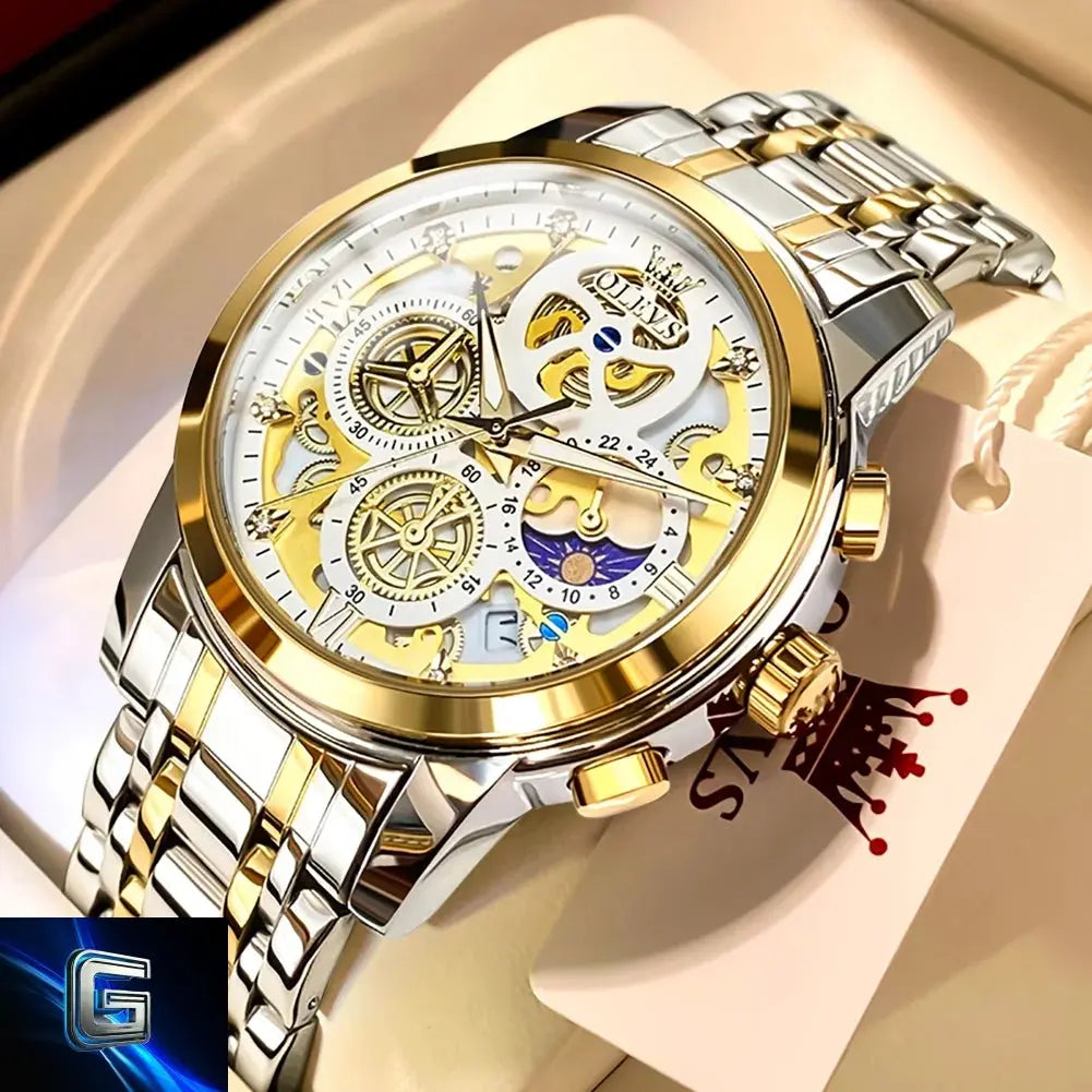 OLEVS Men's Watches Top Brand Luxury Original Waterproof Quartz Watch for Man Gold Skeleton Style 24 Hour Day Night New gadjeteck