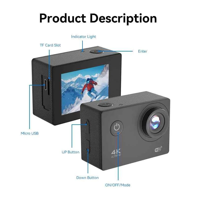Caméra d'action 4K étanche Null - Enregistrement vidéo 4K/30FPS, WiFi, 2.0", 170° DGS, Zoom 4X, étanche pour sports en extérieur