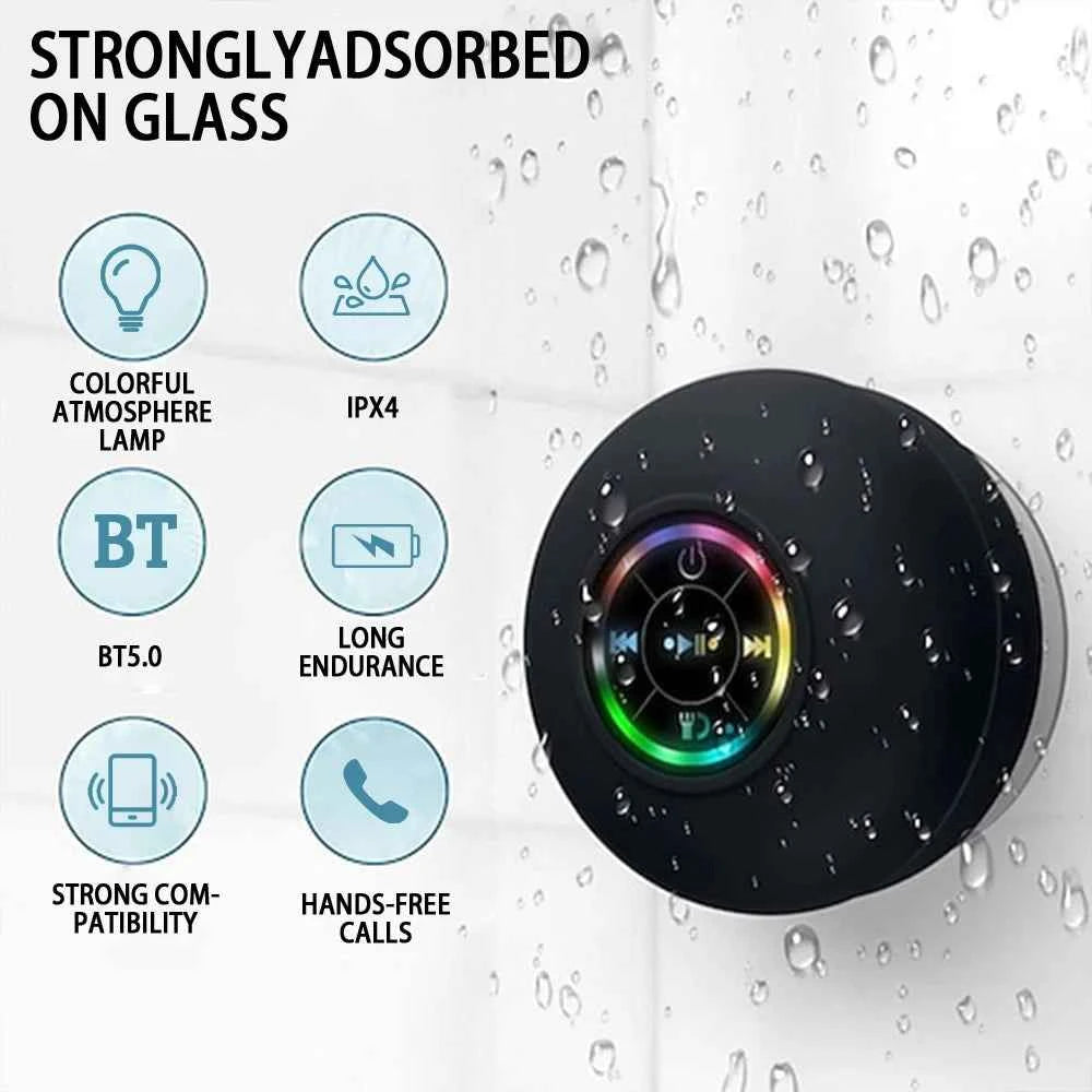 Haut-parleur Bluetooth étanche IPX4 Mini avec LED, Subwoofer et Micro pour Douche, Piscine et Plage avec Ventouse