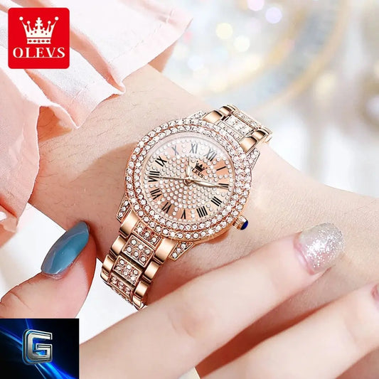 OLEVS 9943 Women's Watches Fashion Original Quartz Wrist Watch For Women Roman Inlaid Zircon Dial Waterproof Ladies Watch gadjeteck