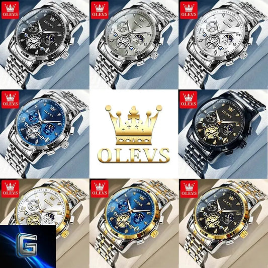 OLEVS Men's Watches Classic Multifunctional Fltwheel Chronograph Original Quartz Wristwatch Moon Phase 24 Hour Waterproof reloj gadjeteck