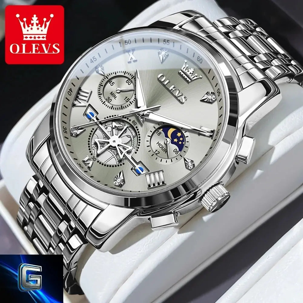 OLEVS Men's Watches Classic Multifunctional Fltwheel Chronograph Original Quartz Wristwatch Moon Phase 24 Hour Waterproof reloj gadjeteck