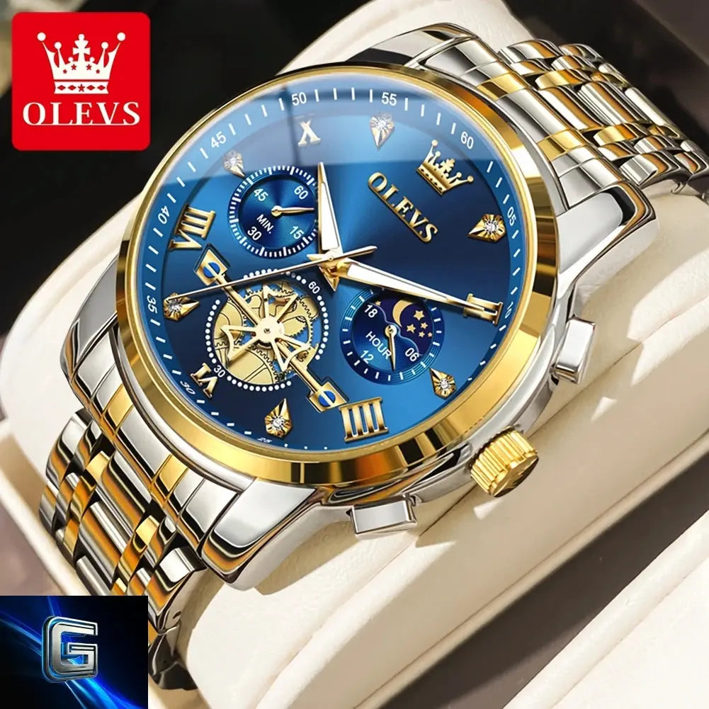 OLEVS Men's Watches Classic Multifunctional Fltwheel Chronograph Original Quartz Wristwatch Moon Phase 24 Hour Waterproof reloj gadjeteck