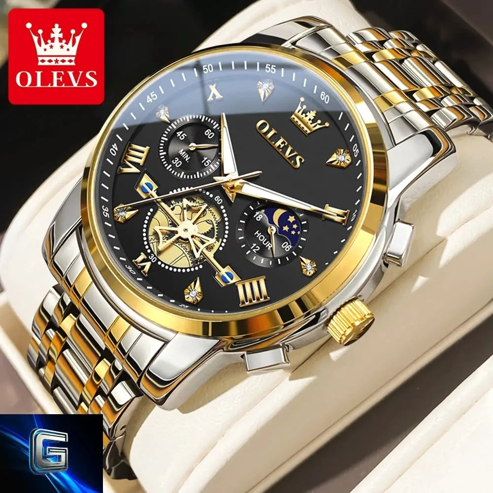 OLEVS Men's Watches Classic Multifunctional Fltwheel Chronograph Original Quartz Wristwatch Moon Phase 24 Hour Waterproof reloj gadjeteck