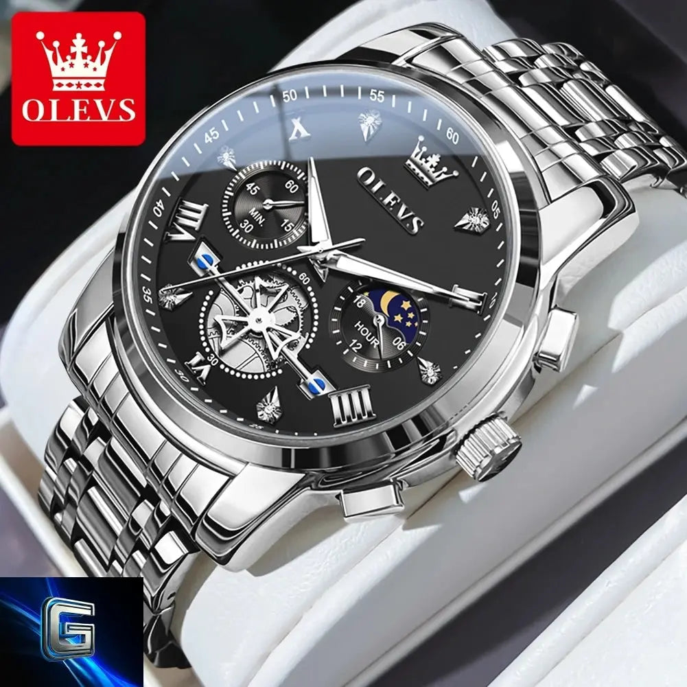 OLEVS Men's Watches Classic Multifunctional Fltwheel Chronograph Original Quartz Wristwatch Moon Phase 24 Hour Waterproof reloj gadjeteck