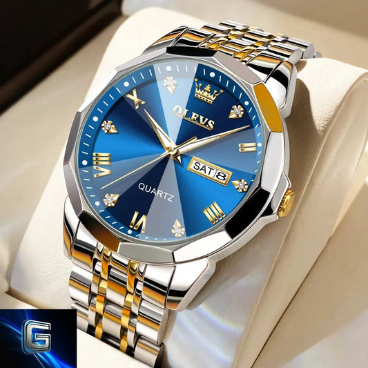 OLEVS Men's Watches Rhombus Mirror Original Quartz Watch for Man Waterproof Luminous Stainless Steel Wristwatch Male Date Week gadjeteck