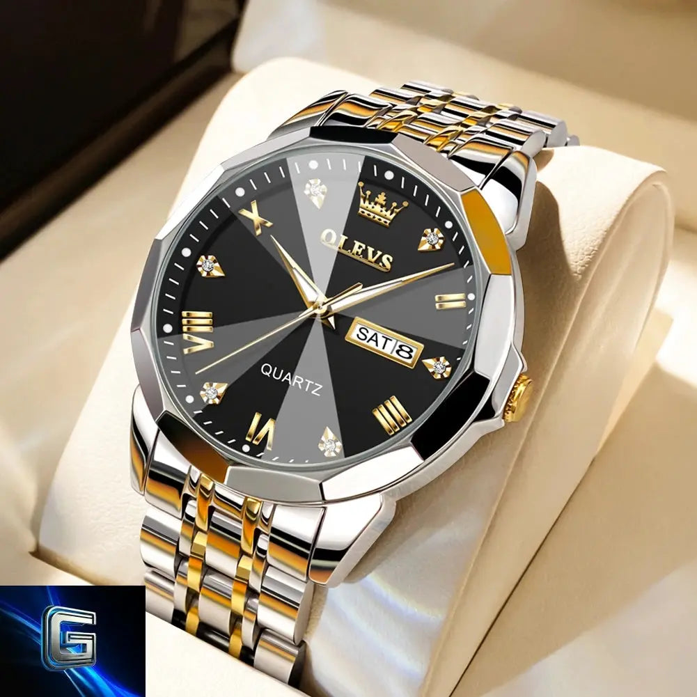 OLEVS Men's Watches Rhombus Mirror Original Quartz Watch for Man Waterproof Luminous Stainless Steel Wristwatch Male Date Week gadjeteck