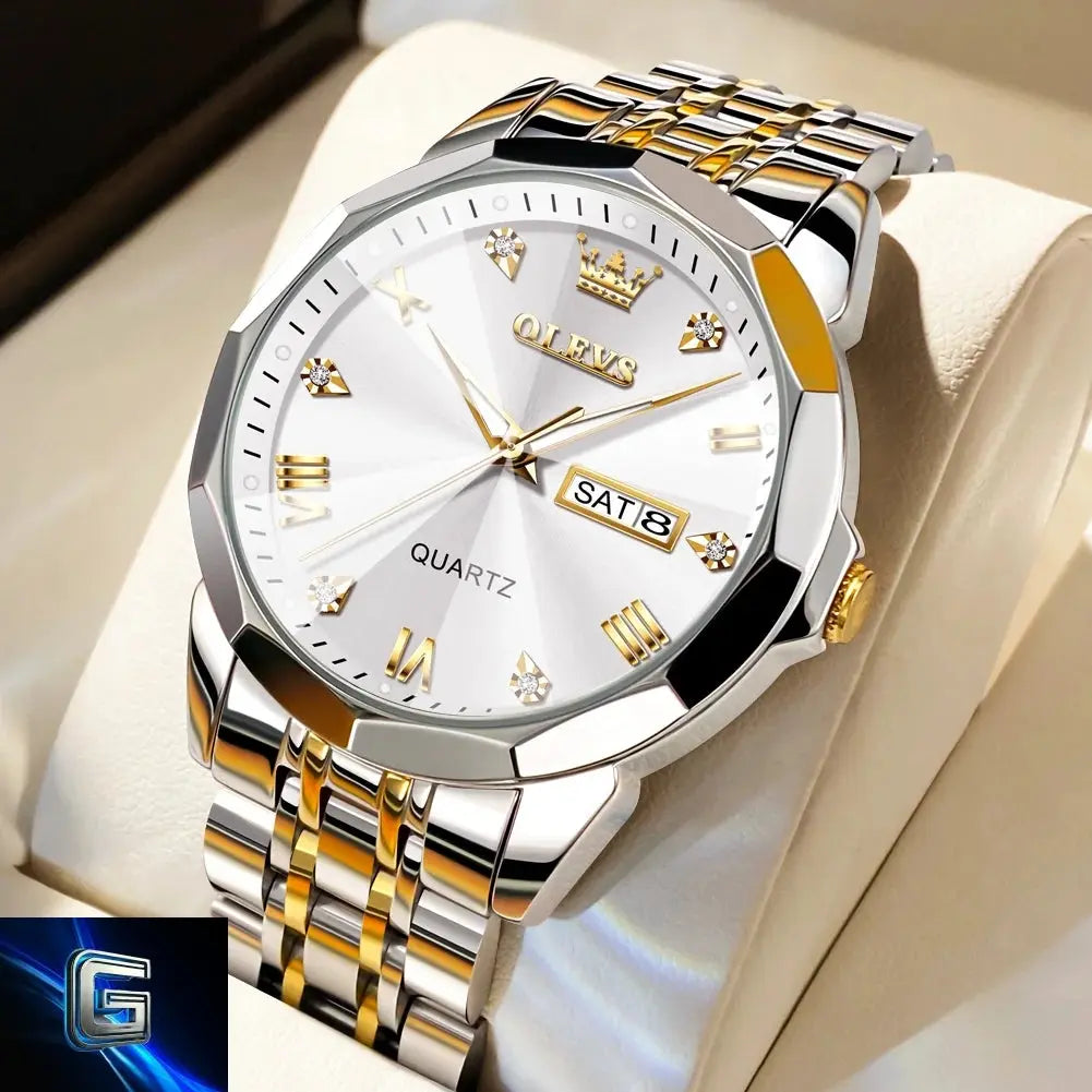 OLEVS Men's Watches Rhombus Mirror Original Quartz Watch for Man Waterproof Luminous Stainless Steel Wristwatch Male Date Week gadjeteck