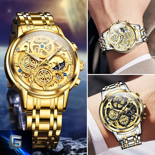 OLEVS Men's Watches Top Brand Luxury Original Waterproof Quartz Watch for Man Gold Skeleton Style 24 Hour Day Night New gadjeteck