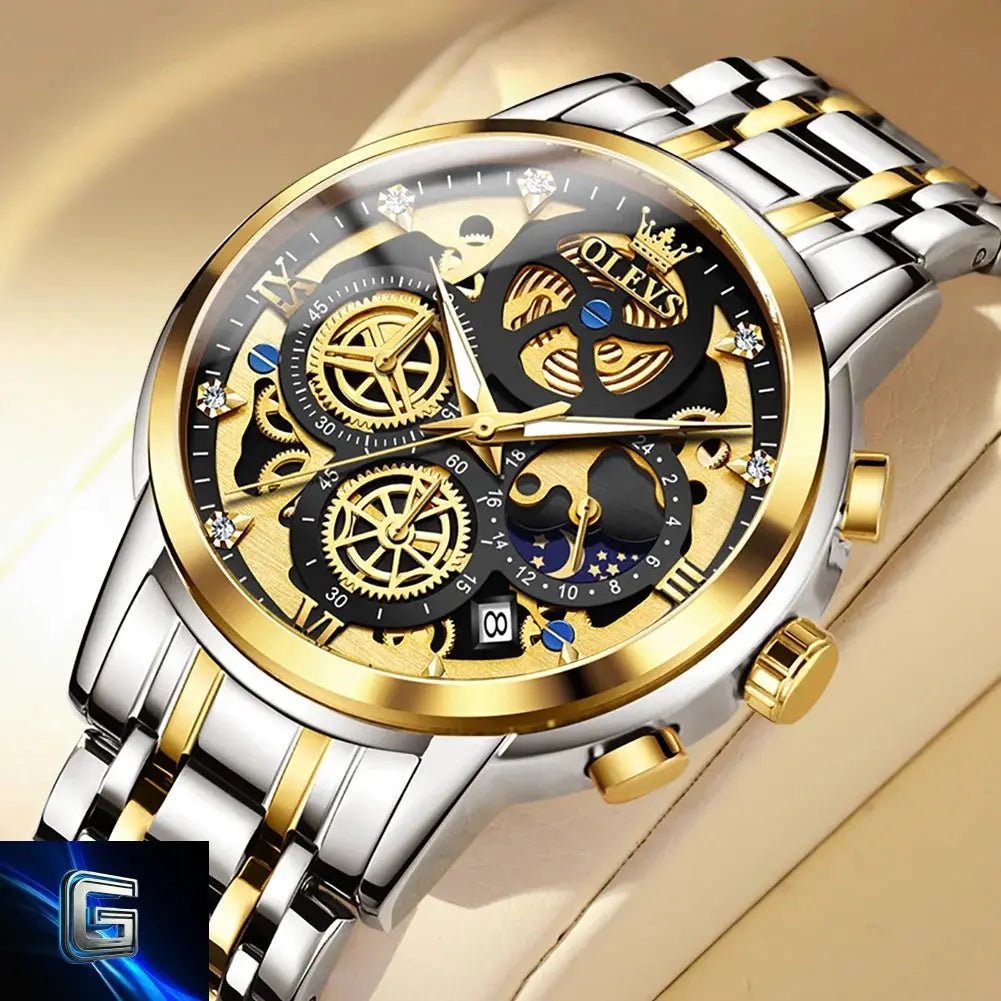 OLEVS Men's Watches Top Brand Luxury Original Waterproof Quartz Watch for Man Gold Skeleton Style 24 Hour Day Night New gadjeteck