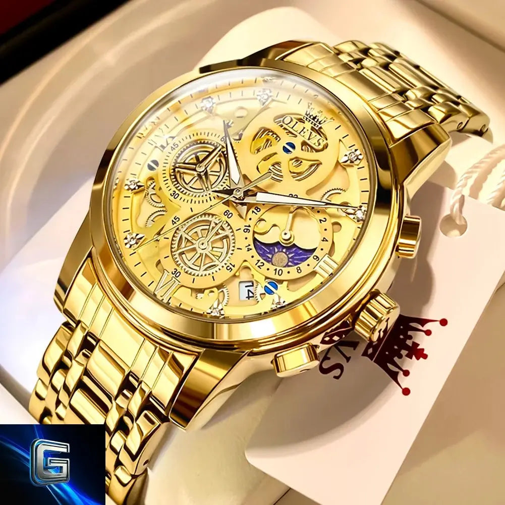 OLEVS Men's Watches Top Brand Luxury Original Waterproof Quartz Watch for Man Gold Skeleton Style 24 Hour Day Night New gadjeteck