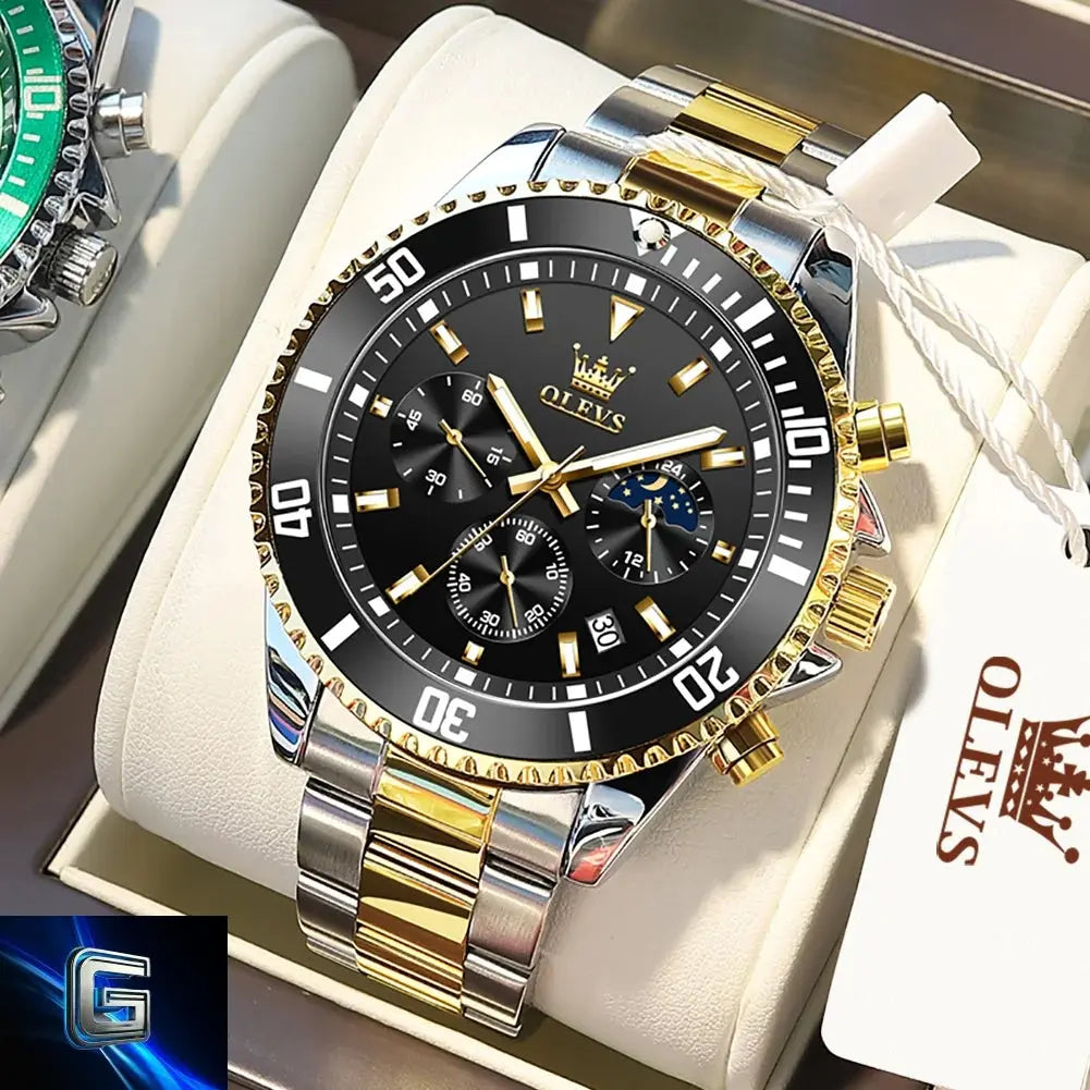 OLEVS Men's Watches Top Brand Luxury Watch for Men Original Waterproof Stainless Steel Chronograph Moon Phase Date Rota Dial gadjeteck
