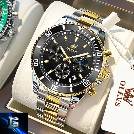 OLEVS Men's Watches Top Brand Luxury Watch for Men Original Waterproof Stainless Steel Chronograph Moon Phase Date Rota Dial gadjeteck