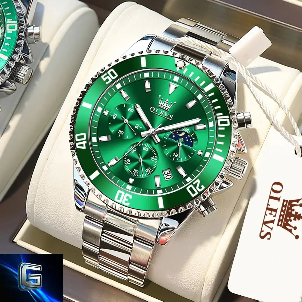 OLEVS Men's Watches Top Brand Luxury Watch for Men Original Waterproof Stainless Steel Chronograph Moon Phase Date Rota Dial gadjeteck