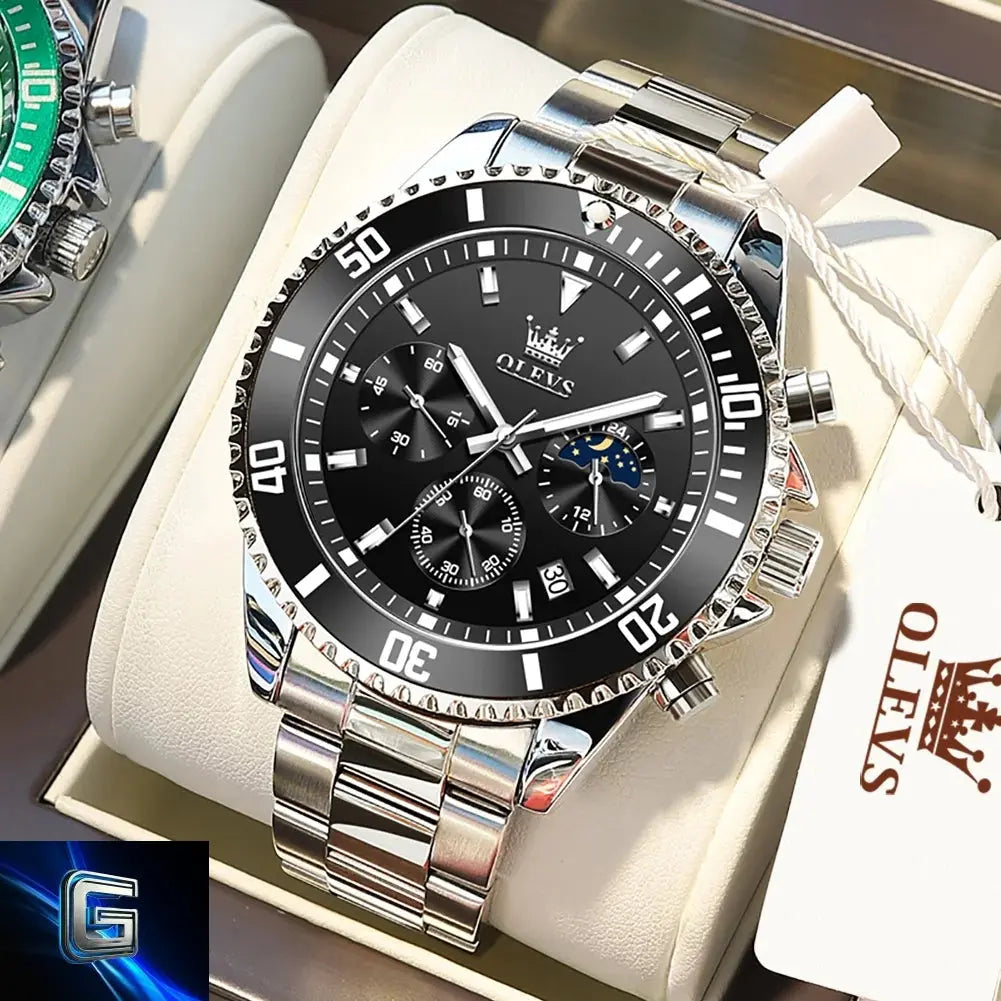 OLEVS Men's Watches Top Brand Luxury Watch for Men Original Waterproof Stainless Steel Chronograph Moon Phase Date Rota Dial gadjeteck