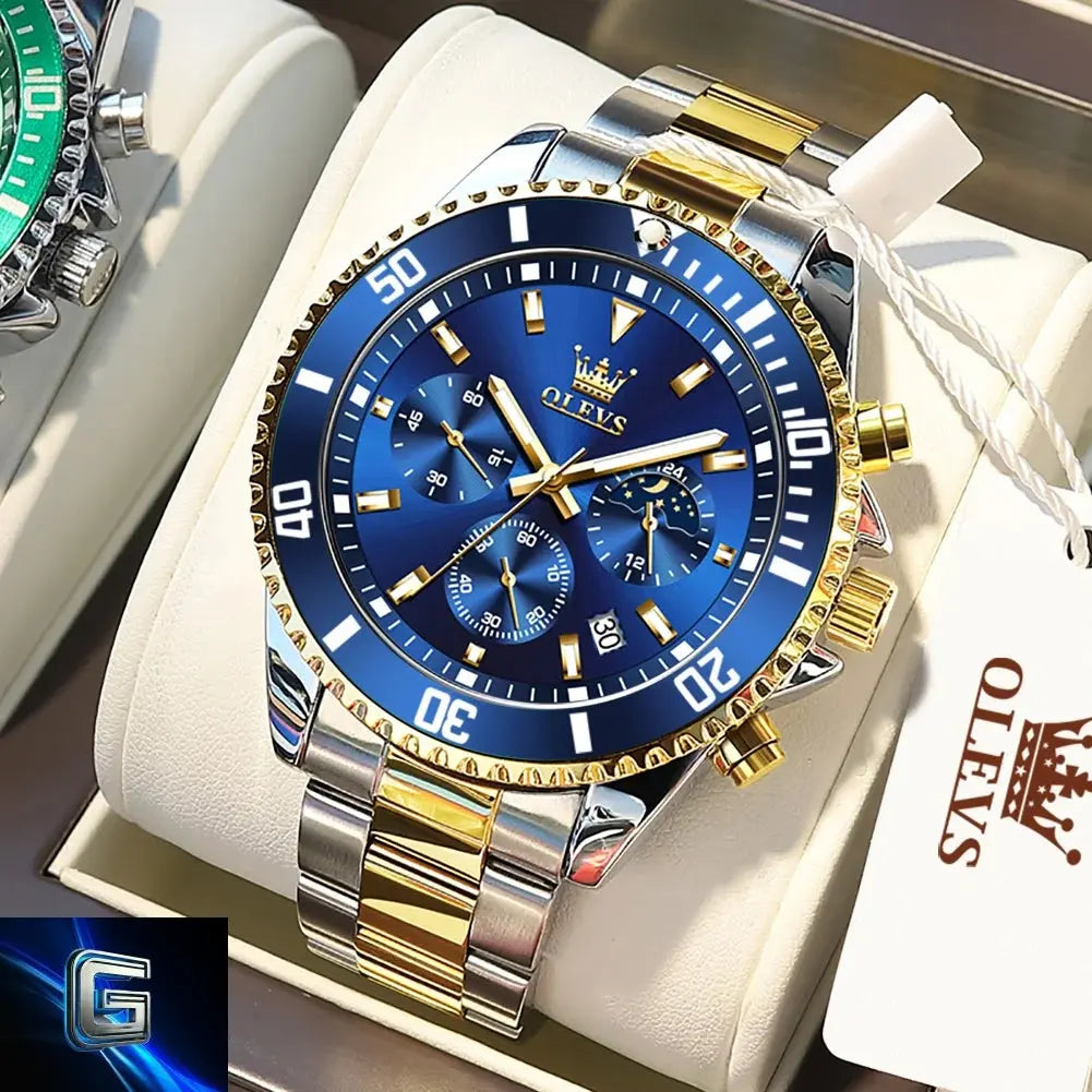 OLEVS Men's Watches Top Brand Luxury Watch for Men Original Waterproof Stainless Steel Chronograph Moon Phase Date Rota Dial gadjeteck