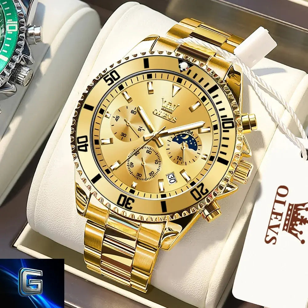 OLEVS Men's Watches Top Brand Luxury Watch for Men Original Waterproof Stainless Steel Chronograph Moon Phase Date Rota Dial gadjeteck