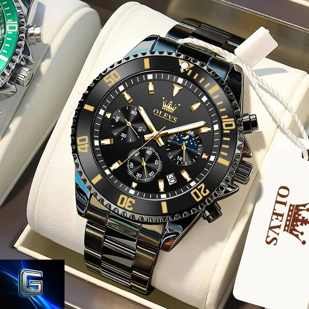 OLEVS Men's Watches Top Brand Luxury Watch for Men Original Waterproof Stainless Steel Chronograph Moon Phase Date Rota Dial gadjeteck