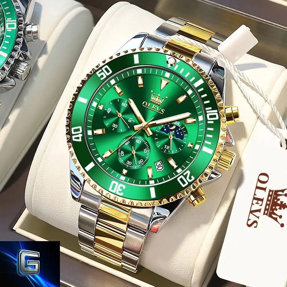 OLEVS Men's Watches Top Brand Luxury Watch for Men Original Waterproof Stainless Steel Chronograph Moon Phase Date Rota Dial gadjeteck