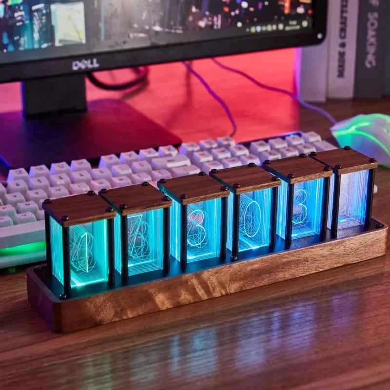 Montre LED Nixie RGB - Horloge de table en bois DIY, lampe de nuit LED, décoration de jeu et cadeau élégant
